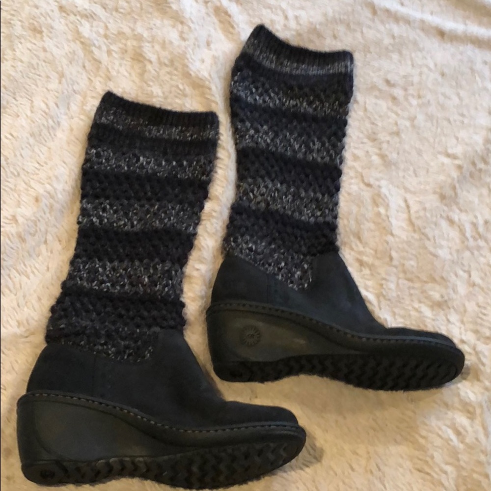 UGG leather boots with black and white knitting.
